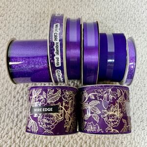 Purple Ribbon Destash Crafting Lot of 8 New Rolls Metallic Floral Satin Glitter